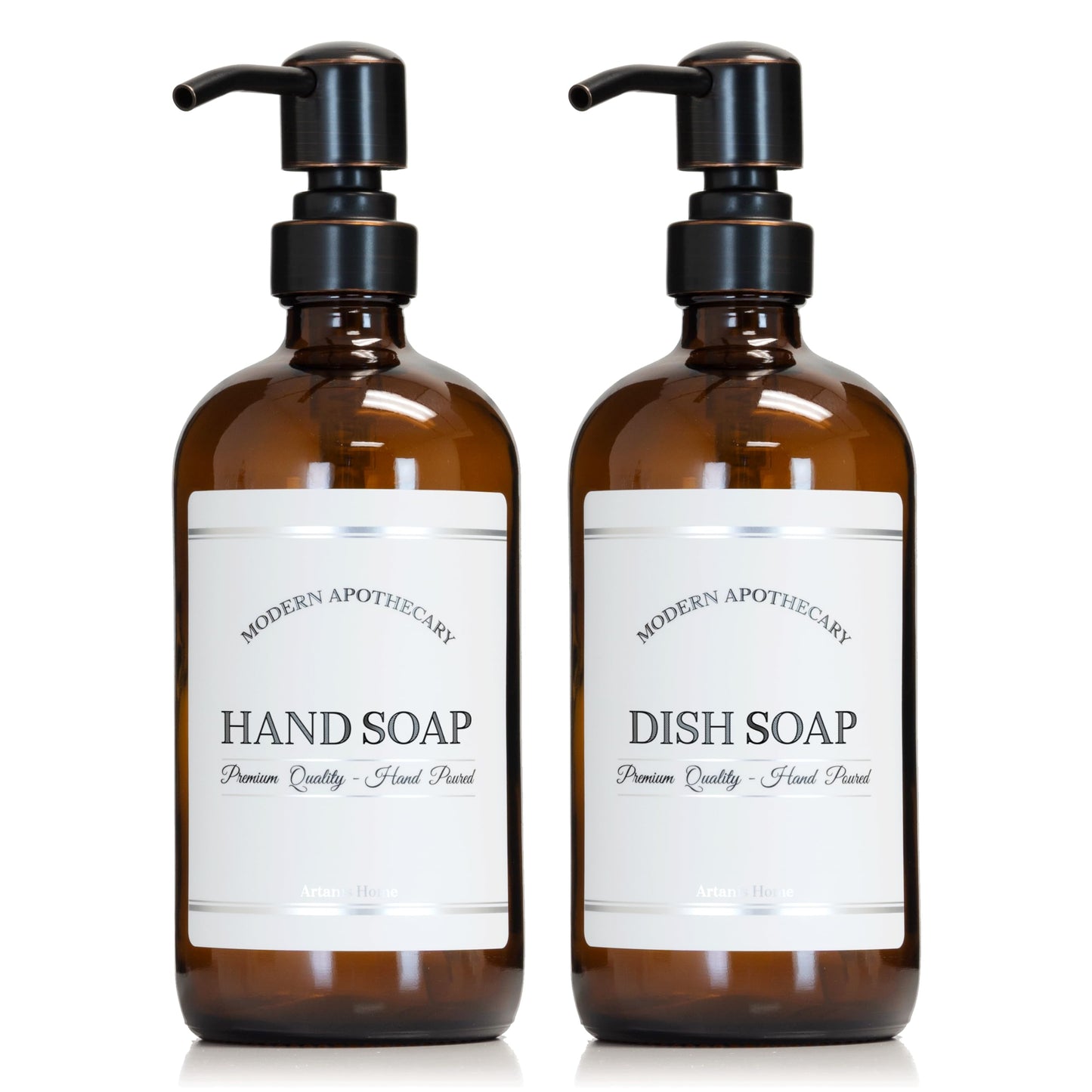 Artanis Home Amber Refillable Hand and Dish Soap Dispenser Set with Pumps for Kitchen Sink - Glass Boston Round Soap Bottles - Waterproof Labels - 16 oz - 2 Pack
