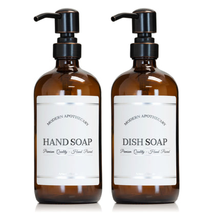 Artanis Home Amber Refillable Hand and Dish Soap Dispenser Set with Pumps for Kitchen Sink - Glass Boston Round Soap Bottles - Waterproof Labels - 16 oz - 2 Pack