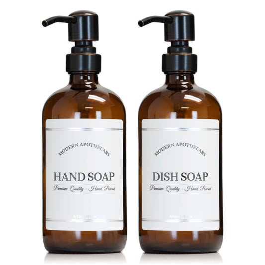 Artanis Home Amber Refillable Hand and Dish Soap Dispenser Set with Pumps for Kitchen Sink - Glass Boston Round Soap Bottles - Waterproof Labels - 16 oz - 2 Pack