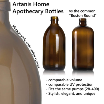 Artanis Home Refillable Amber Glass Dish Hand Soap Lotion Dispenser 16 oz, 2-Pack – Apothecary Bottle with Black Satin Pump