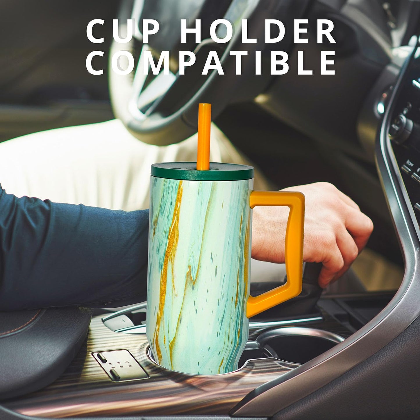 Elemental 40 oz Tumbler with Handle and Straw - Spill Proof Insulated Stainless Steel Commuter for Hot and Cold Beverages - Travel Coffee Mug with 2 Straws & Spill Proof Lid - 40oz - Aurora Glow