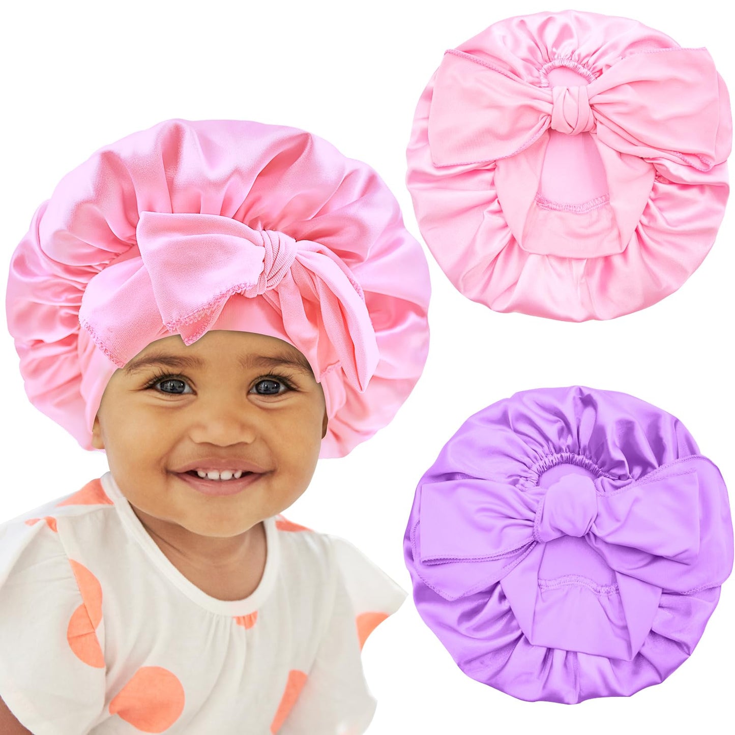BONNET QUEEN Baby Bonnet Kids Bonnet Infant Satin Silk Hair Bonnets for Girls Newborn Infants with Tie Band Bow 6-12 Months 2Pcs Pink+Purple