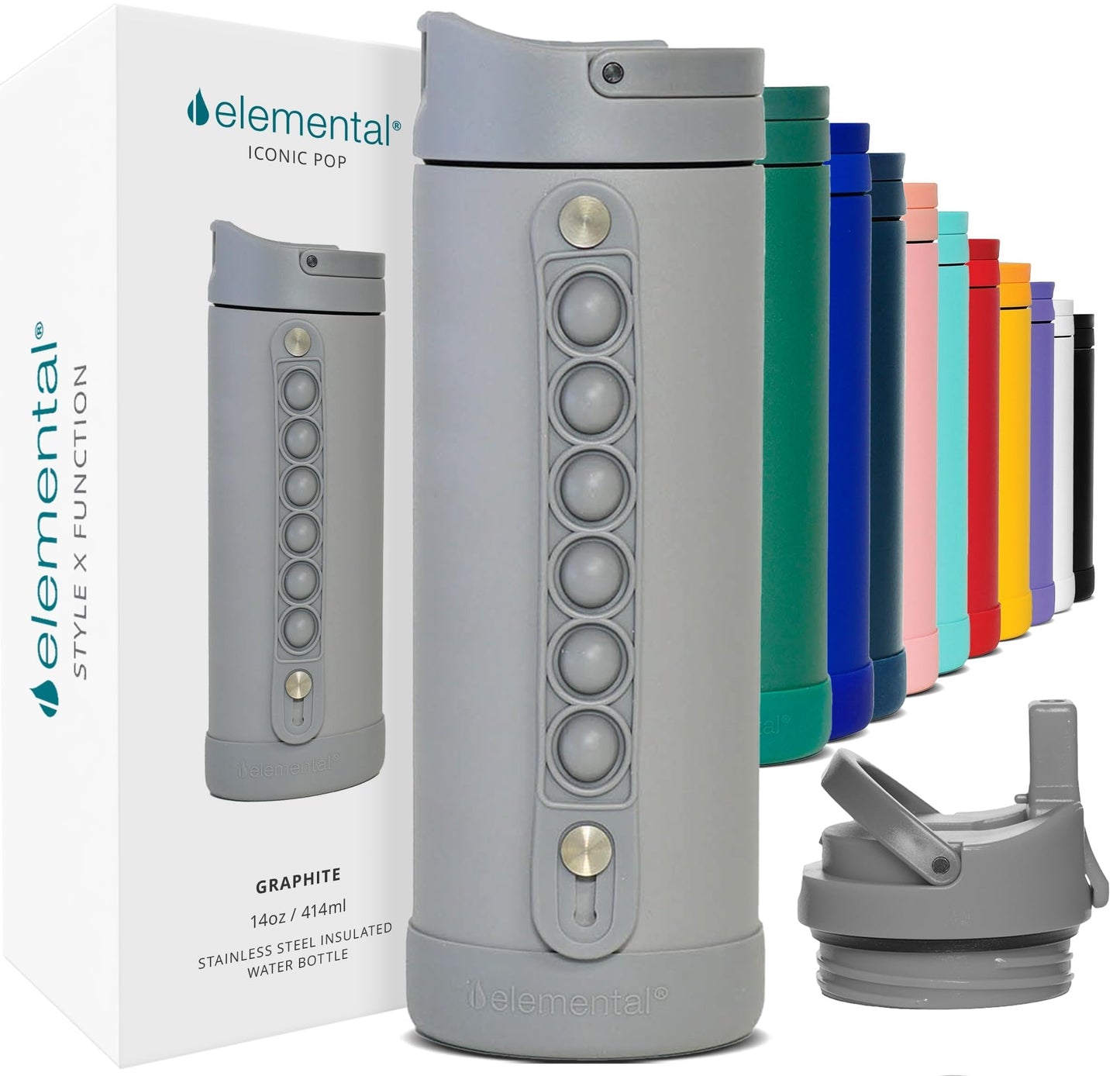 Elemental Iconic Kids Water Bottle with Straw Lid & Stress Relief Pop It Handle, Leak-Proof When Closed, Triple Insulated Kids Stainless Steel Water Bottle For Girls and Boys, 14oz - Graphite