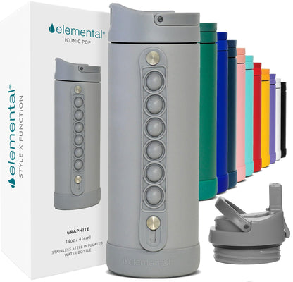 Elemental Iconic Kids Water Bottle with Straw Lid & Stress Relief Pop It Handle, Leak-Proof When Closed, Triple Insulated Kids Stainless Steel Water Bottle For Girls and Boys, 14oz - Graphite