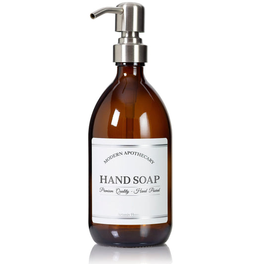 Artanis Home Refillable Amber Glass Hand Soap Dispenser 16 oz – Chrome Accent Waterproof Labeled Apothecary Bottle with Stainless Steel Pump