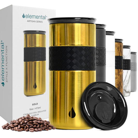 Elemental Artisan Insulated Tumbler, Triple Wall Coffee Travel Mug, Reusable Stainless Steel Coffee Tumbler with Ceramic Lid, Thermal Coffee Cups for Hot (6 Hrs) & Cold (18 Hrs), 16oz - Gold