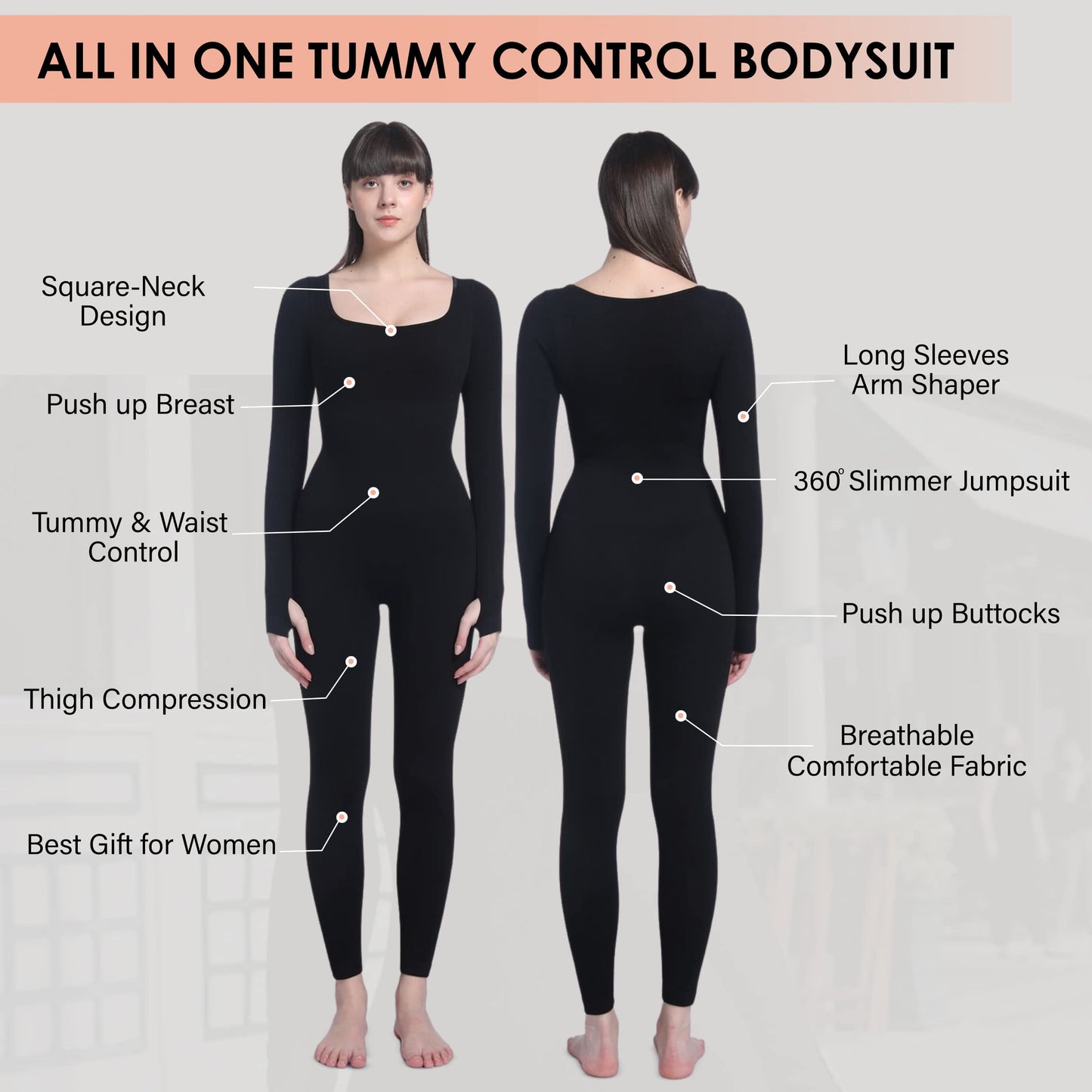 Soo slick Jumpsuits for Women Tummy Control Long Sleeve Sculpting Full Bodysuit | Square Neck Ribbed One Piece Dupes