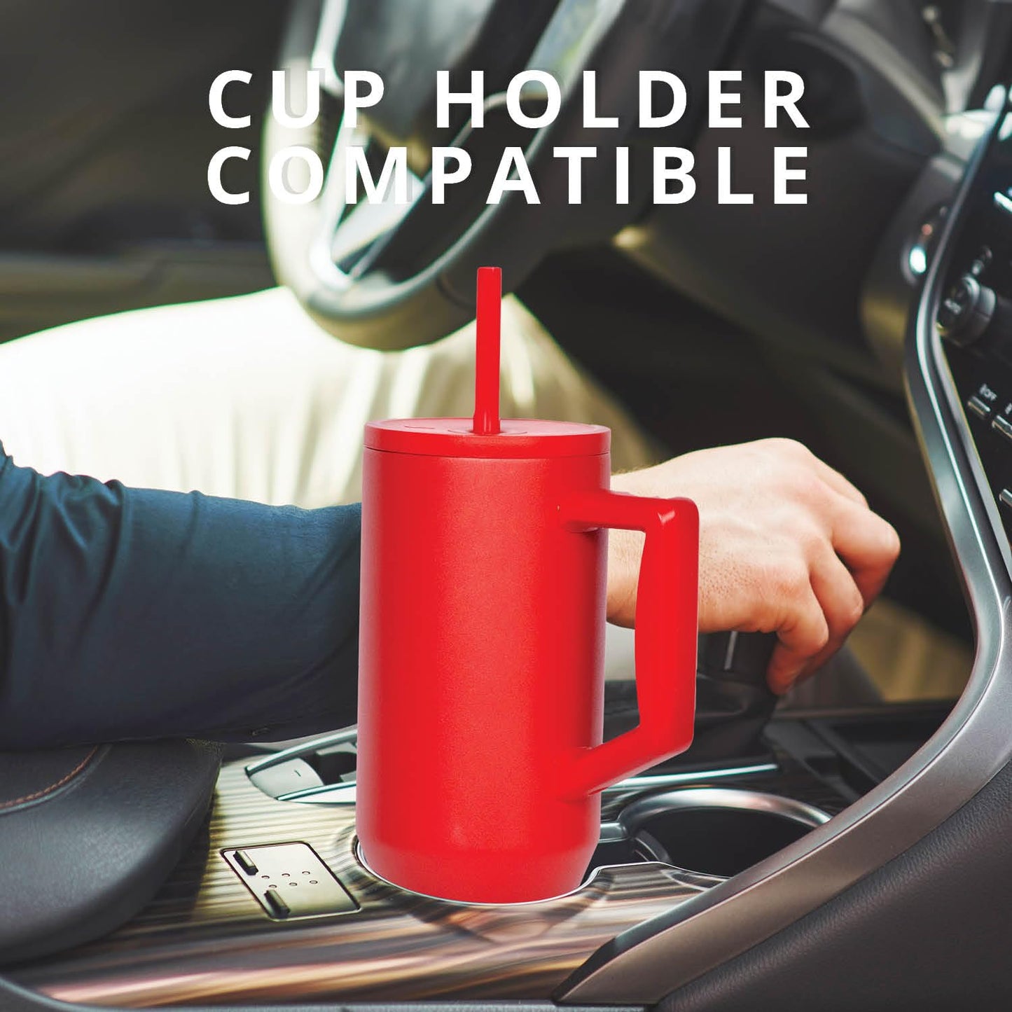 Elemental 40 oz Tumbler with Handle and Straw - Spill Proof Insulated Stainless Steel Commuter for Hot and Cold Beverages - Travel Coffee Mug with 2 Straws & Spill Proof Lid - 40oz - Red