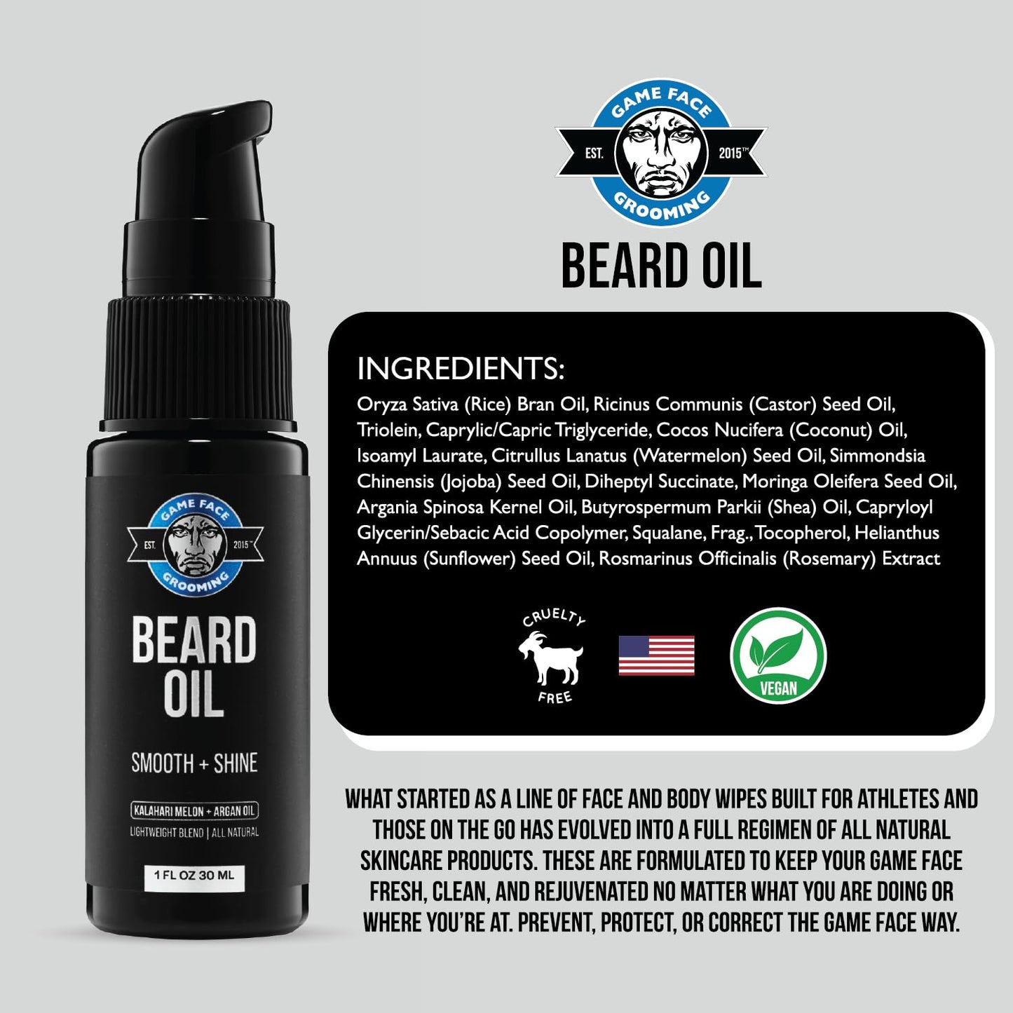 Game Face Natural Beard Oil - 1 fl oz Hydrating Men's Beard and Mustache Oil | Eucalyptus & Sea Salt, Confidence-Boosting | Lightweight Formula for Silky Smooth, Shining Beard Care