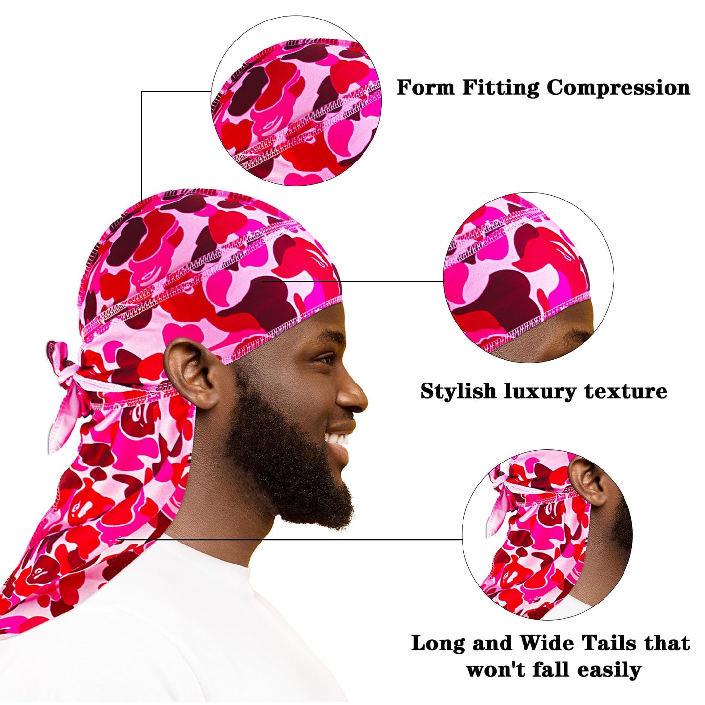2Pcs Silk Durag for Men Designer Durag Silky Camouflage Cap Rags Hip Hop Turban Man Doorag Hair Wrap for Sleeping Dorag