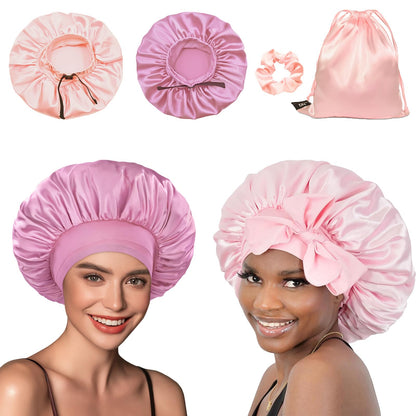BONNET QUEEN Silk Bonnet for Sleeping Women Satin Bonnet Hair Bonnet Adjustable Hair Bonnet Night Sleep Cap Jade+Pink