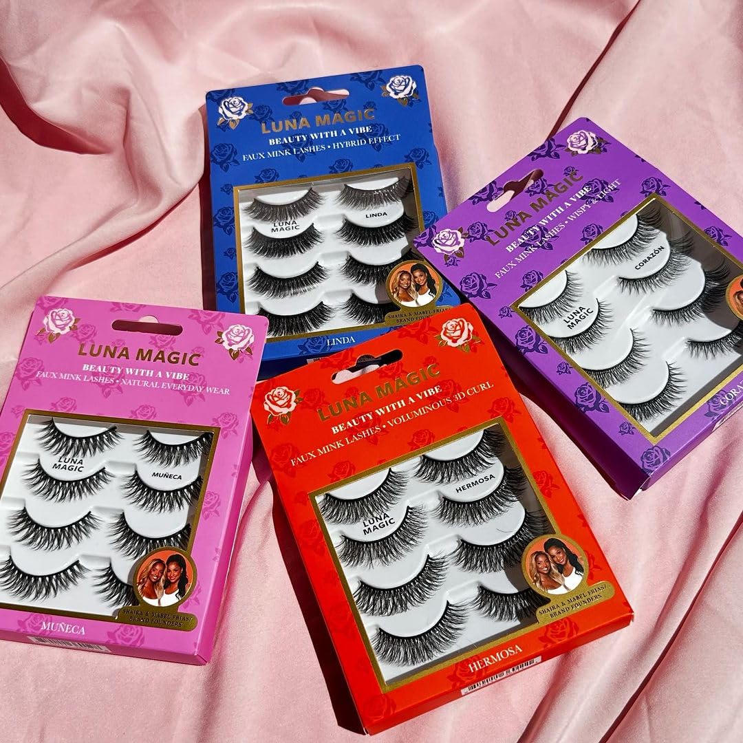 LUNA MAGIC Muńeca Faux Mink Lashes, Multipack, Natural Everyday Wear, Reusable, Wispy & Natural, Cruelty Free, 13MM, 4 Pairs