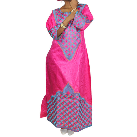 TIDOIRSA African Dresses for Women, 3/4 Sleeves Embroidery Dress With Scarf (4XL, Pink)