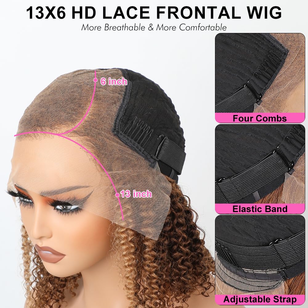 BLY Hihglight Afro Kinky Curly Bob Wigs C Part 13x6 HD Lace Front Wig 14 Inch Pre Plucked Thick Short Curly Bob Hair 4/27 Ombre Colored Wig for Women 180 Density