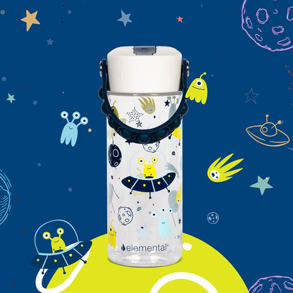 Elemental Leak Proof Water Bottles for Kids - Splash Kids Water Bottle for School with Pop-it Handle - BPA Free Tritan Plastic Reusable Water Bottle with Straw - Alien Invasion - 18oz