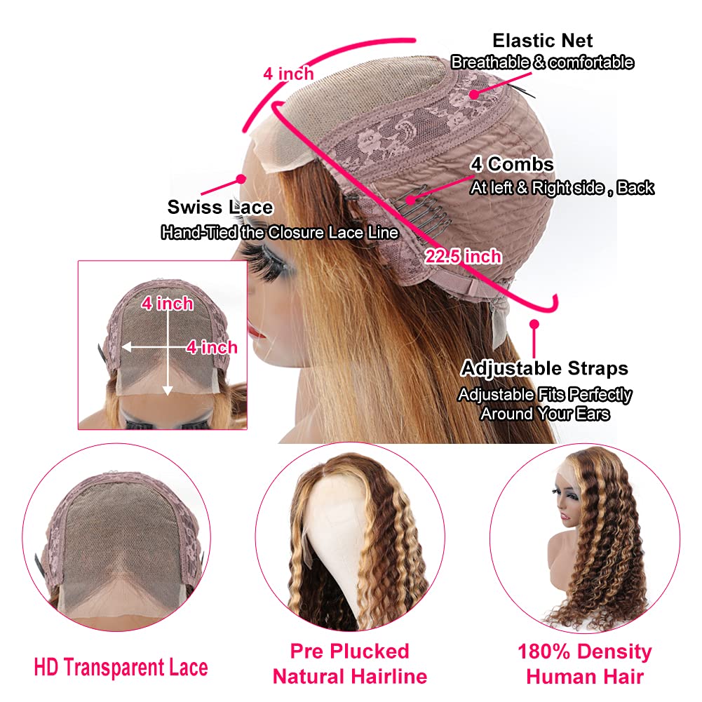 BLY Highlight Human Hair Lace Front Wigs Deep Wave #4/27 Ombre Colored Glueless Wigs Pre Plucked 20 Inch 4x4 Transparent Curly Water Wave Lace Wig Honey Blonde Real Human Hair 180% Density