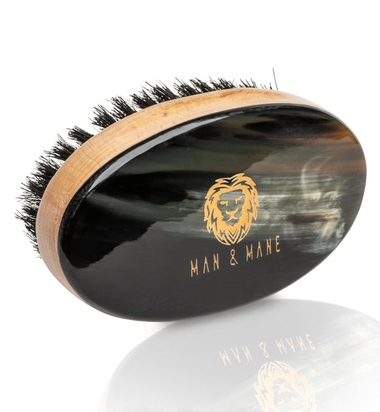 Man & Mane Premium Handmade Oxhorn Military Style Medium Stiff Natural Boar Bristle Men’s Hair Brush for Facial Hair & Beard Care