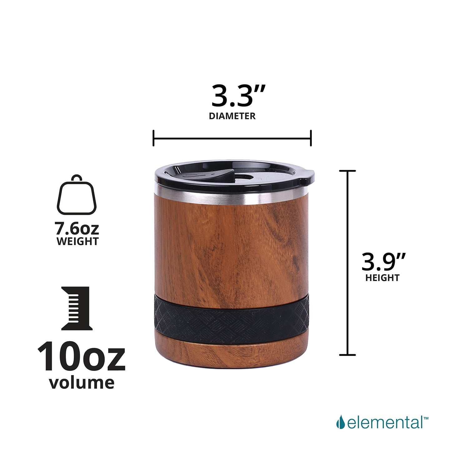 Elemental Recess Lowball Tumbler, 10oz Triple Wall Stainless Steel Cup with Non-Shattered Tritan Lid, Insulated Whiskey Glass, Insulated Coffee Tumbler Mug for Hot & Cold Drinks - Teak Wood