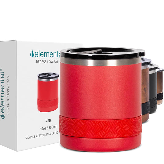 Elemental Recess Lowball Tumbler, 10oz Triple Wall Stainless Steel Cup with Non-Shattered Tritan Lid, Insulated Whiskey Glass, Insulated Coffee Tumbler Mug for Hot & Cold Drinks - Red