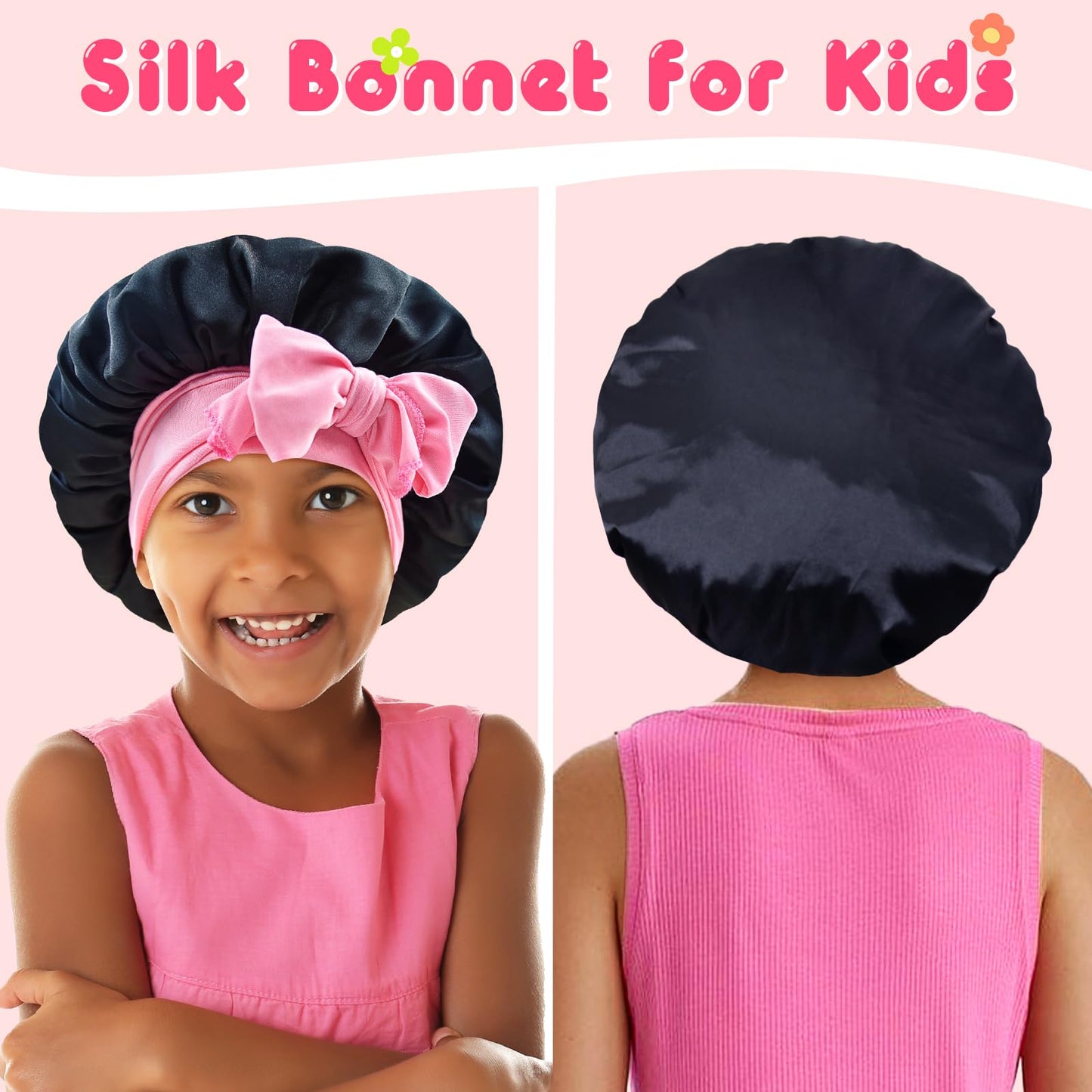BONNET QUEEN Baby Bonnet Kids Bonnet Infant Satin Silk Hair Bonnets with Tie Band Bow for Girls 4~12 Years 2Pcs Black+Red