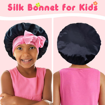 BONNET QUEEN Baby Bonnet Kids Bonnet Infant Satin Silk Hair Bonnets with Tie Band Bow for Girls 4~12 Years 2Pcs Black+Red