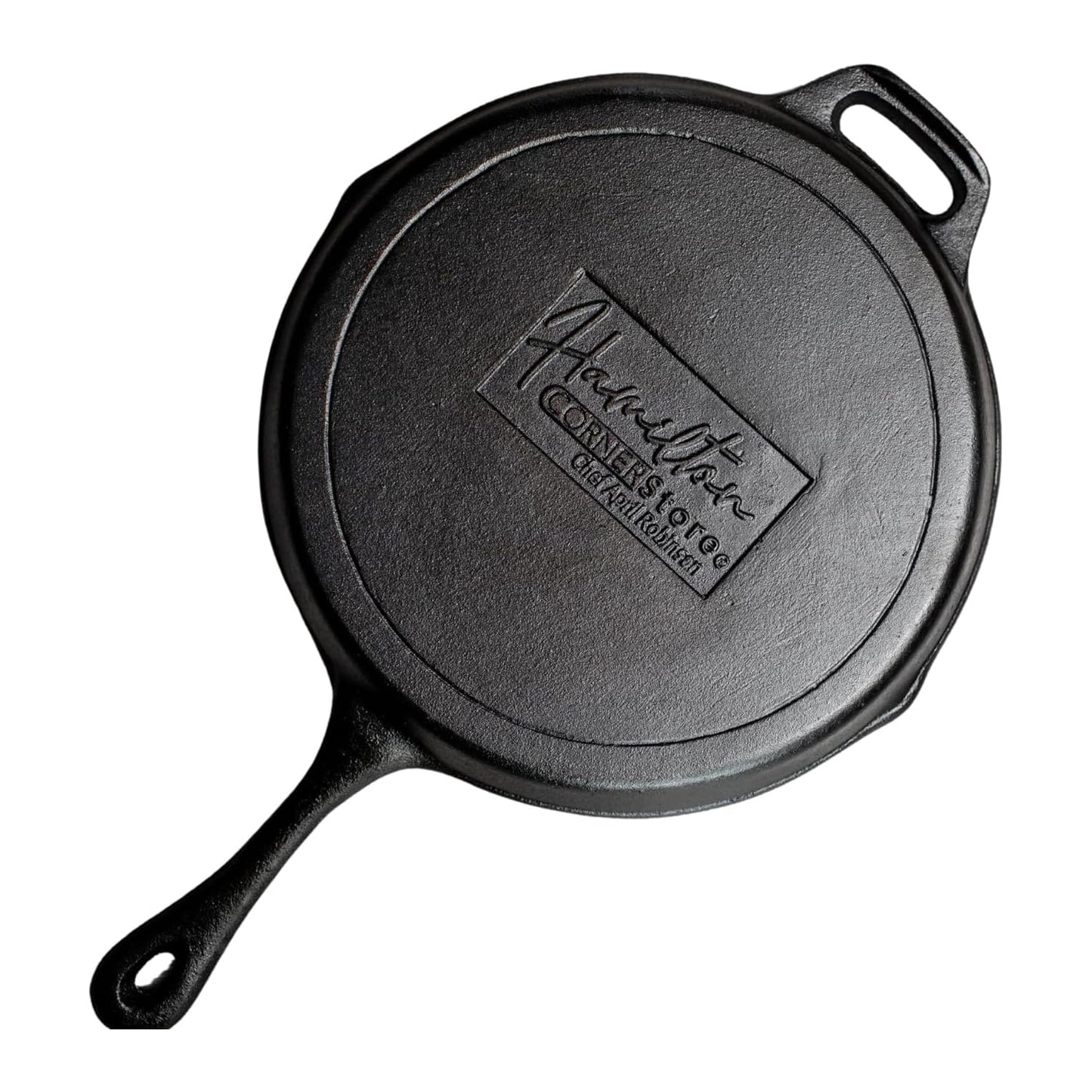 Hamilton Cornerstore Cast Iron Skillet, Pre-Seasoned Cast Iron Skillet with 2 Handles, NEW Signature Embossed Logo Preseasoned Pan, Pour Spouts for Searing, Baking, Grilling, Roasting, (10 inch)