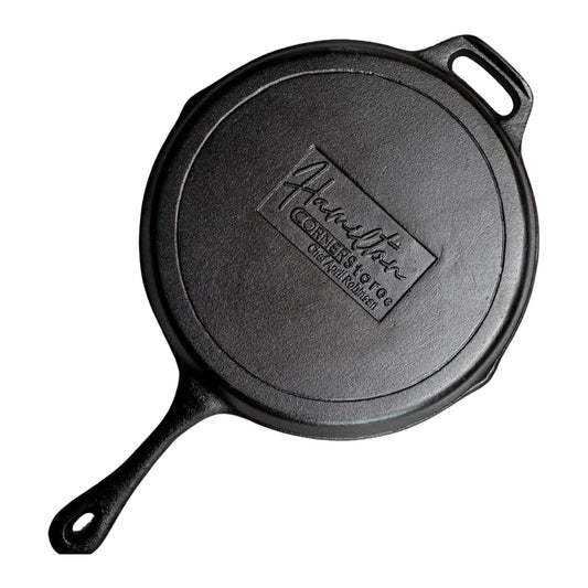 Hamilton Cornerstore Cast Iron Skillet, Pre-Seasoned Cast Iron Skillet with 2 Handles, NEW Signature Embossed Logo Preseasoned Pan, Pour Spouts for Searing, Baking, Grilling, Roasting, (10 inch)