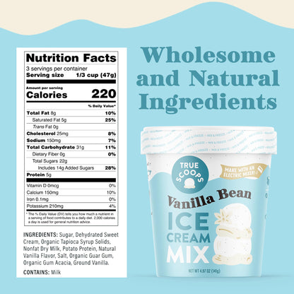 True Scoops 6-Pack Vanilla Bean Ice Cream Mix. Add One Ingredient - Half & Half! Makes 1 Pint of Premium, Homemade Ice Cream With An Electric Mixer. Made With Real Vanilla Beans. Gluten-Free, Peanut-Free, and Kosher. (141g ea)