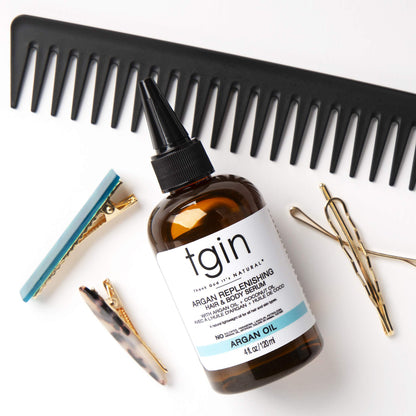 tgin Argan Replenishing Hair Serum - 4 Oz, Dry Hair, Moisturizing, Breakage Control, Paraben Free, Coconut Scent, Serum for Natural or Chemically Treated Hair, Hot Oil Treatment, Hair Styling Agent