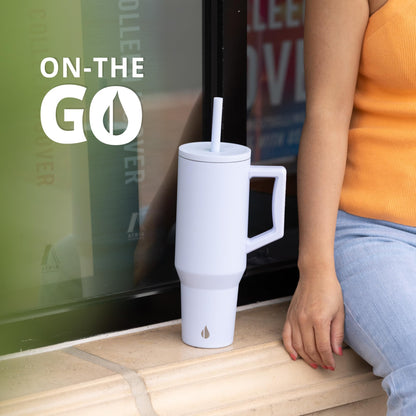 Elemental 40 oz Tumbler with Handle and Straw - Spill Proof Insulated Stainless Steel Commuter for Hot and Cold Beverages - Travel Coffee Mug with 2 Straws & Spill Proof Lid - 40oz - Ice Blue