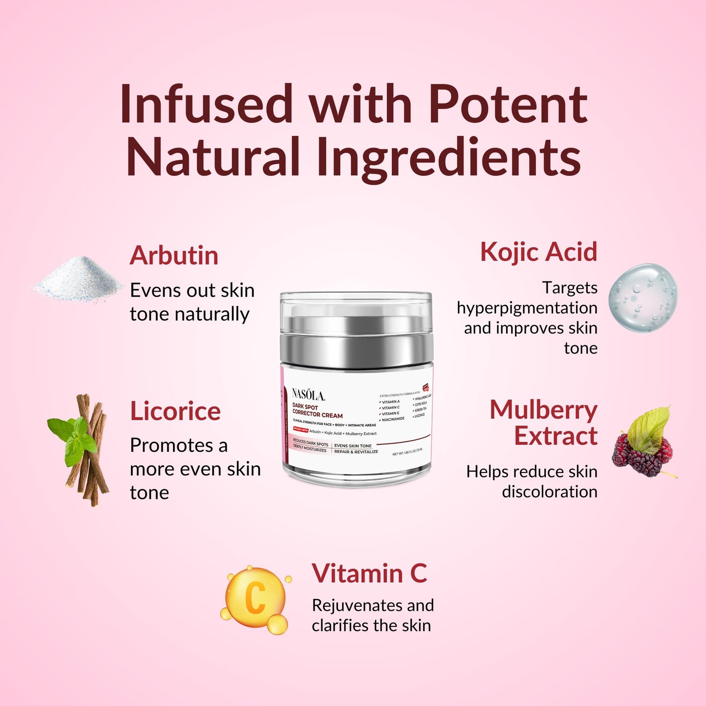 Nasola Dark Spot Corrector Cream Remover for Face, Body - Natural Skincare for Underarms, Elbows & Privates- the Ultimate Solution for Bright, Beautiful Skin infused Kojic Acid & Mulberry 1.85 Fl Oz