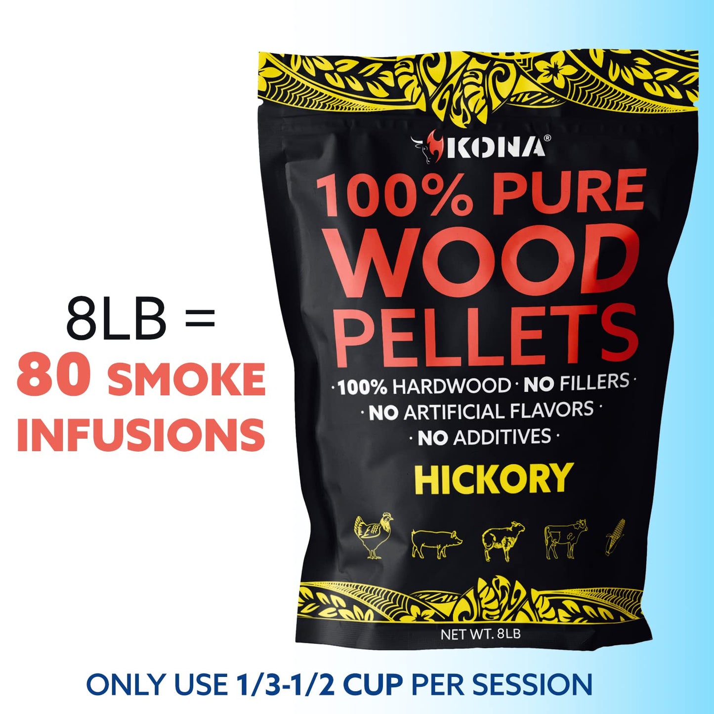 Kona 100% Hickory Smoker Pellets, Intended for Ninja Woodfire Outdoor Grill, 8 lb Resealable Bags