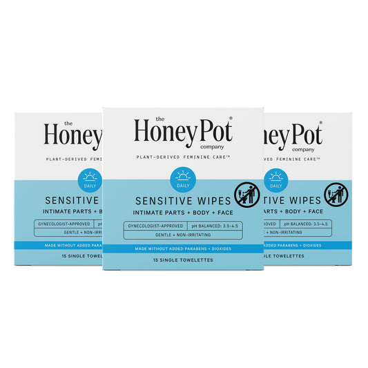 The Honey Pot Company - Feminine Wipes - Indivdually Wrapped - Daily PH Balancing, Fragrance & Sulfate Free Wipes for Intimate Parts, Body, or Face - Feminine Products - 15 Ct (Pack 3)