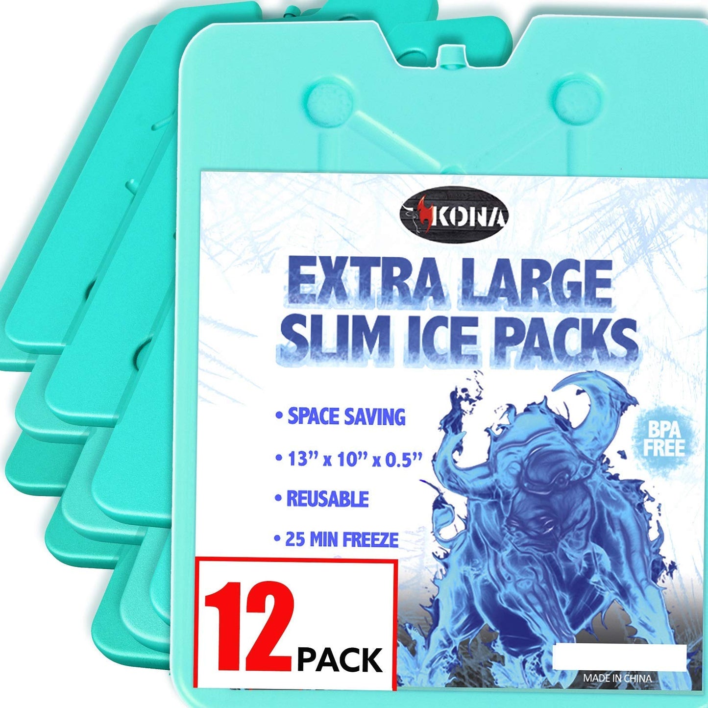 Kona (12 Pack) 13" x 10" XL Slim Ice Packs - Blue, Extra Large Freezer Packs - Refreezable & Reusable for Coolers - Freezes in 25 Minutes - Perfect for The Beach, Camping Trips, and Sports Events