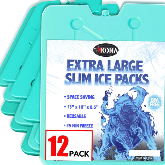 Kona (12 Pack) 13" x 10" XL Slim Ice Packs - Blue, Extra Large Freezer Packs - Refreezable & Reusable for Coolers - Freezes in 25 Minutes - Perfect for The Beach, Camping Trips, and Sports Events