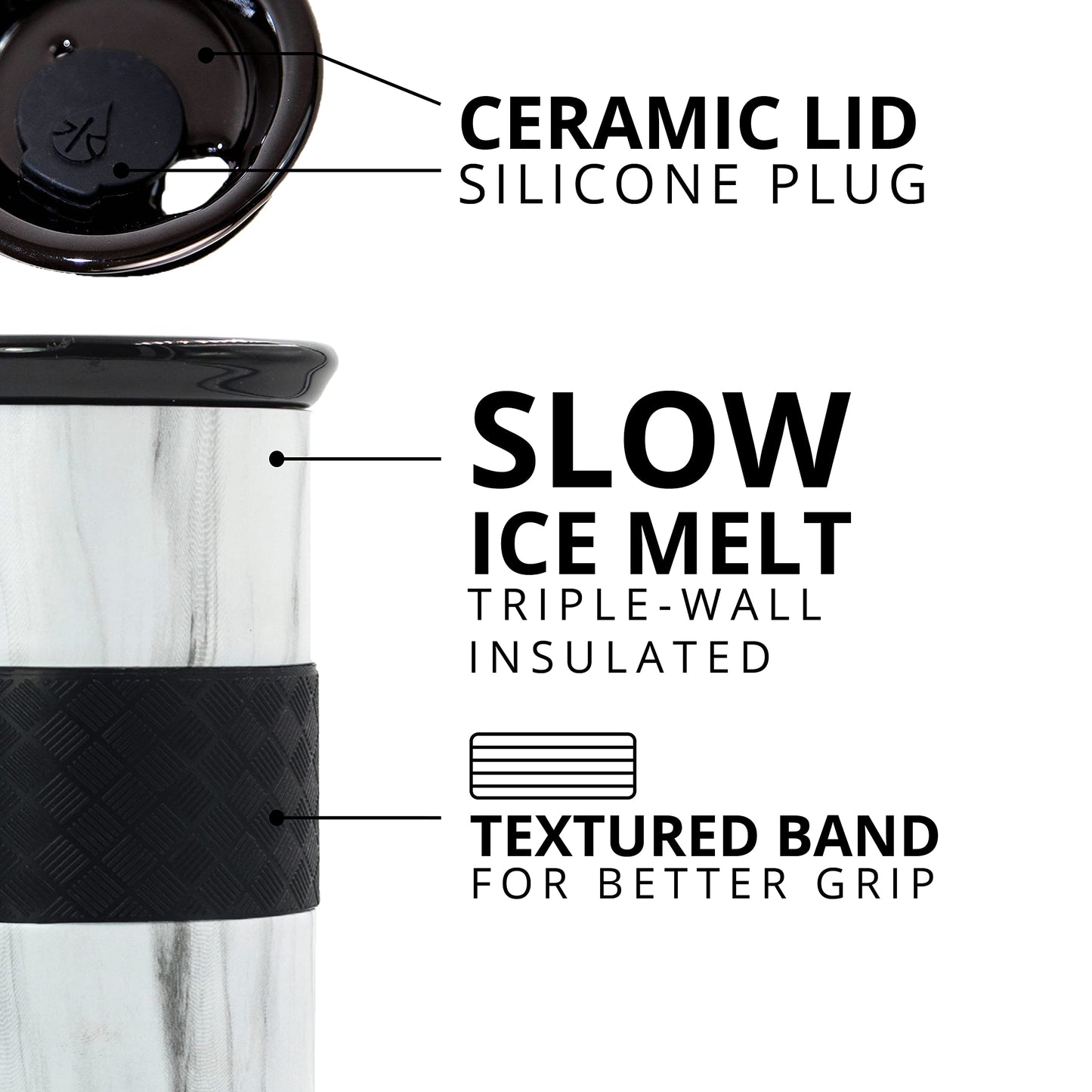 Elemental Artisan Insulated Tumbler, Triple Wall Coffee Travel Tumbler, Reusable Stainless Steel Coffee Tumbler with Ceramic Lid, Thermal Coffee Cup for Hot (6 Hrs) & Cold (18 Hrs) 16oz - White Marble