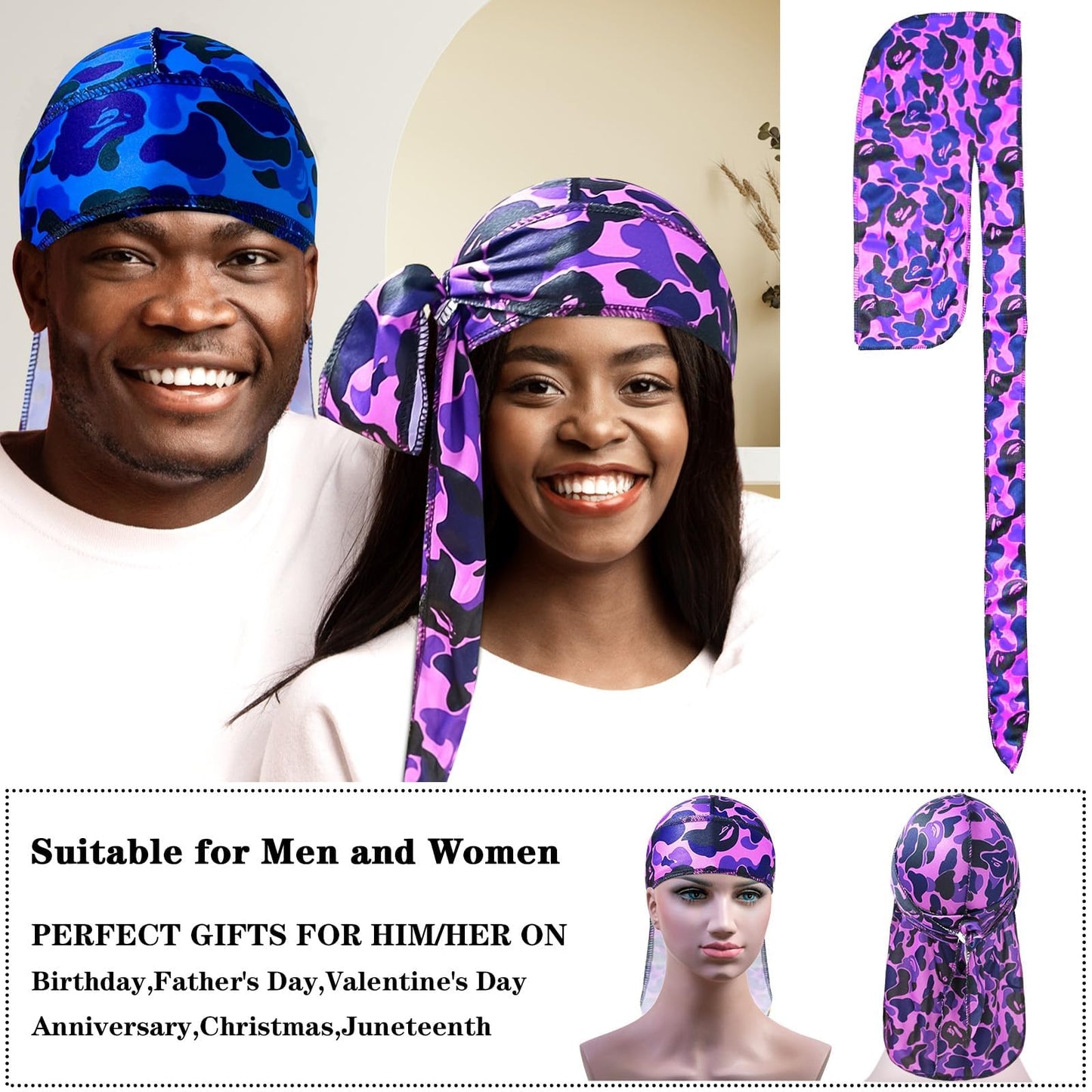 Durags for Men Women Comouflage Silk Durag Designer DuRag with Long Tail Waves du Rags Satin durag Designer durags camo Women Headwrap
