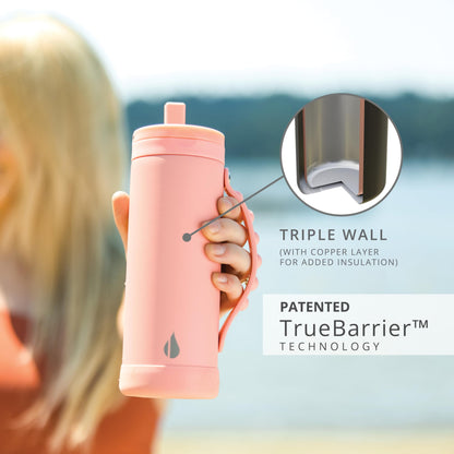 Elemental Iconic Kids Water Bottle with Straw Lid & Stress Relief Pop It Handle, Leak-Proof When Closed, Triple Insulated Kids Stainless Steel Water Bottle For Girls and Boys, 14oz - Rose