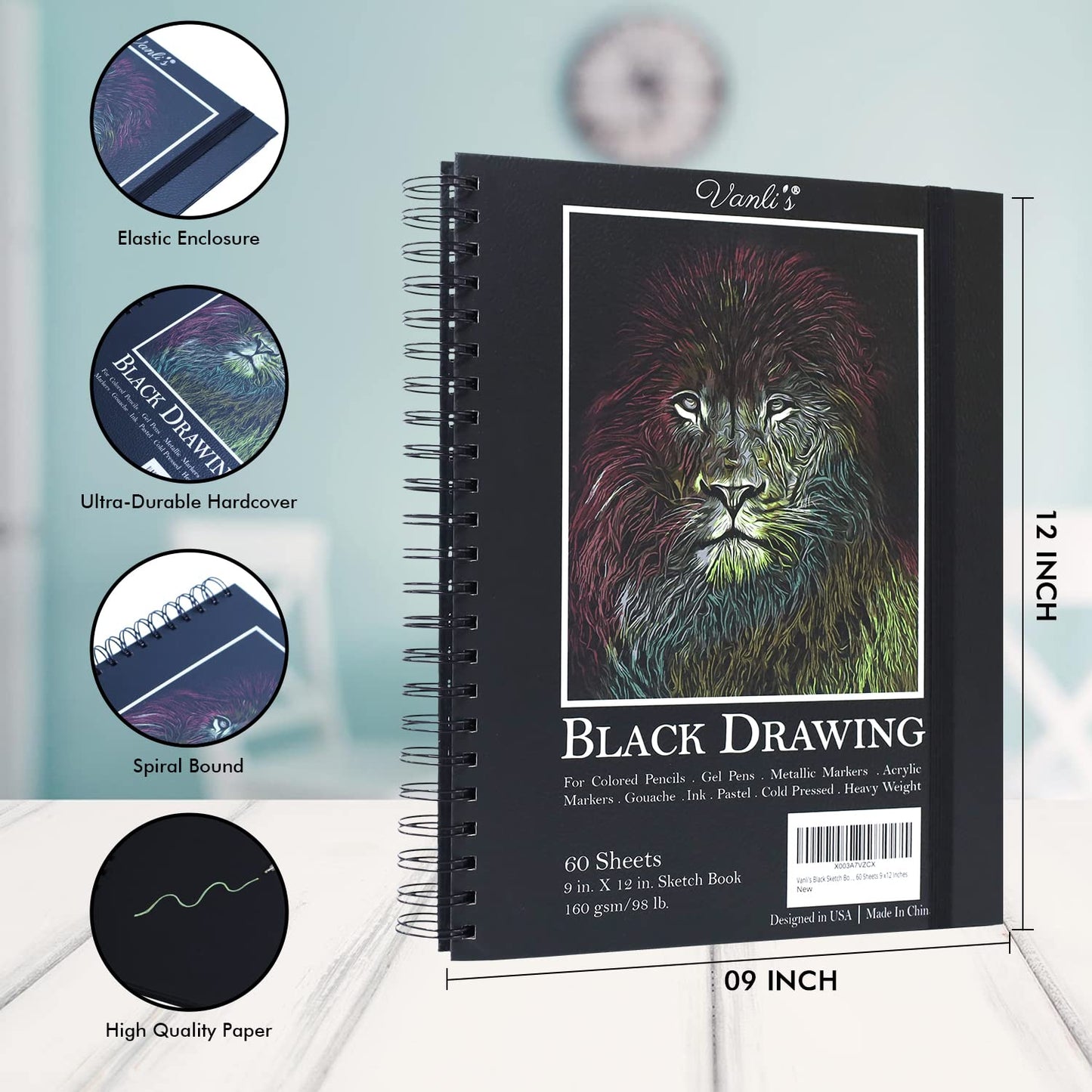 Vanli's Hardcover Black Paper Sketchbook & 12 Pack Ball Point Gel Pens Set - 2 White & 10 Colorful Pens for Drawing, Sketching, & Journaling. 9" x 12" Spiral Bound, Acid Free Black Art Paper