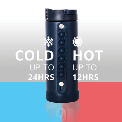 Elemental Iconic Kids Insulated Water Bottle with Straw Lid & Stress Reliever Pop-It Handle, Leak-Proof When Closed Water Bottle Kids - Stainless Steel Water Bottle For Kids, 14oz - Navy Blue