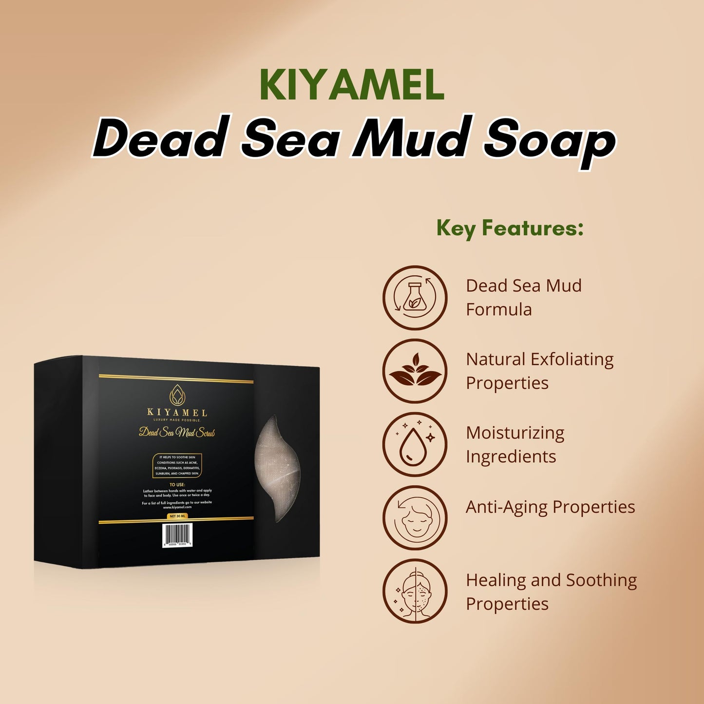 KIYAMEL | Dead Sea Salt Body Scrub Soap Bar, Mineral Mud Soap Deep Exfoliating for Dry Skin, Eczema & Psoriasis with Natural Essential Oils, Moisturizing Hydration, Face and Body Support