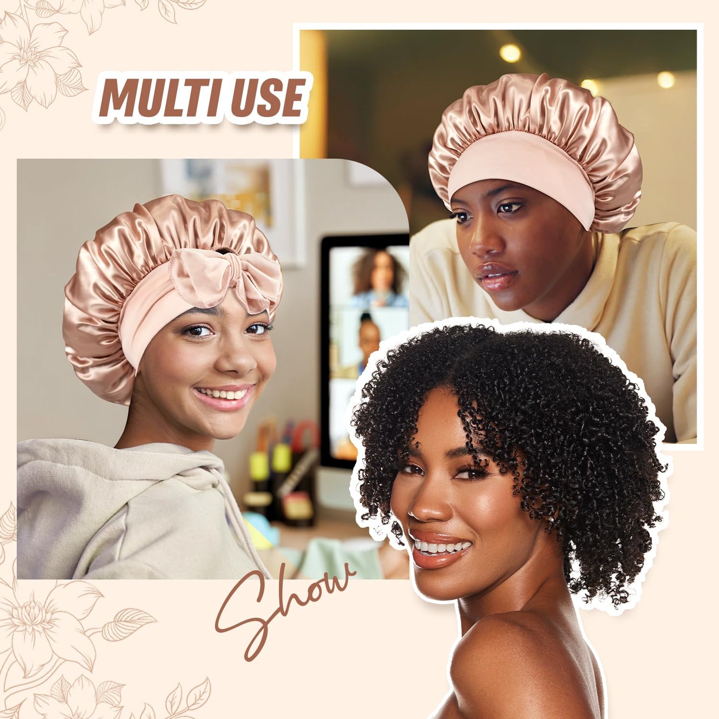 BONNET QUEEN Silk Bonnet for Sleeping Small Satin Bonnet Hair Bonnet Small Sleep Cap with Adjustable Tie Band Champagne