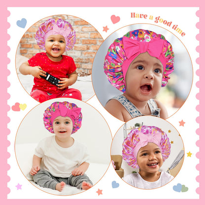 BONNET QUEEN Baby Bonnet 2Pcs Silk Bonnet Satin Hair Bonnet for Sleeping Silk Bonnet for Girls Night Hair Wrap with Tie Band 0~3 Years Hot Pink & Pink Floral