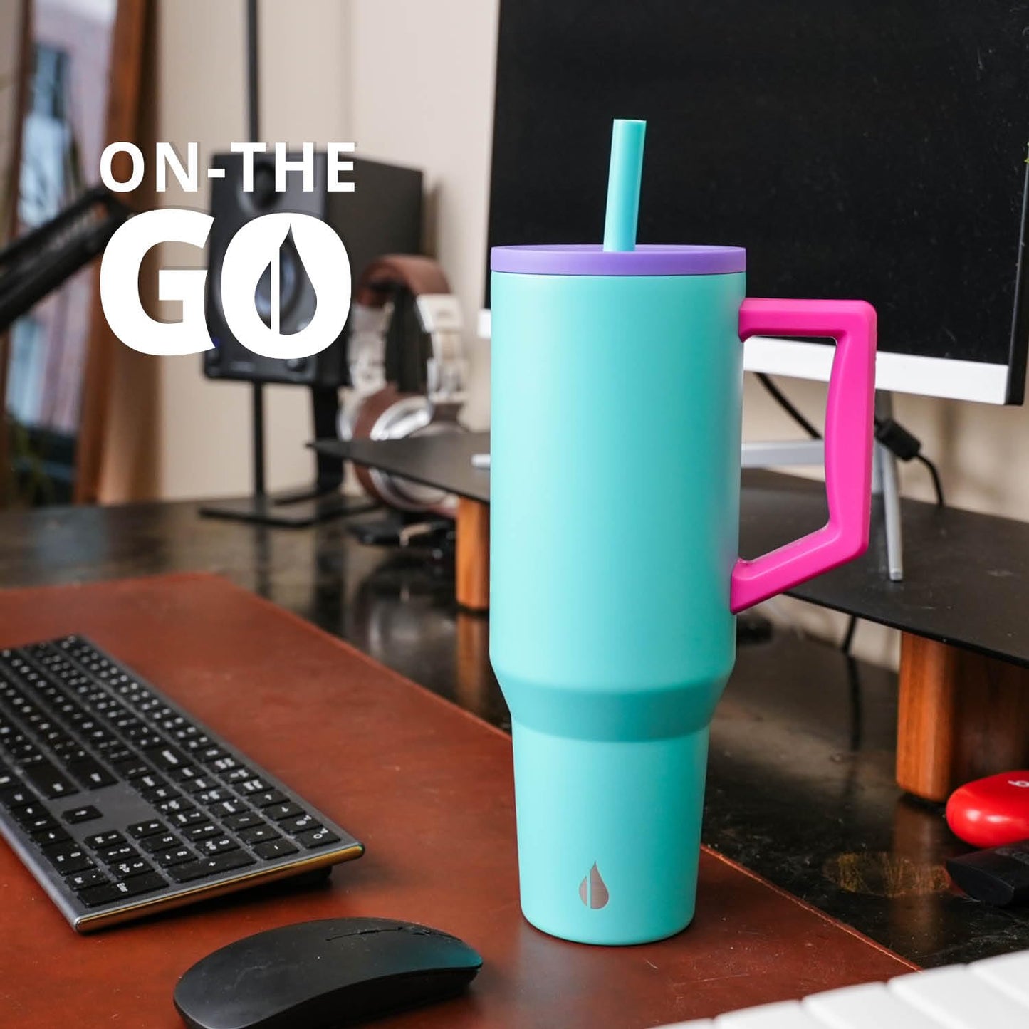 Elemental 40 oz Tumbler with Handle and Straw - Spill Proof Insulated Stainless Steel Commuter for Hot and Cold Beverages - Travel Coffee Mug with 2 Straws & Spill Proof Lid - 40oz - Blue Tie Dye