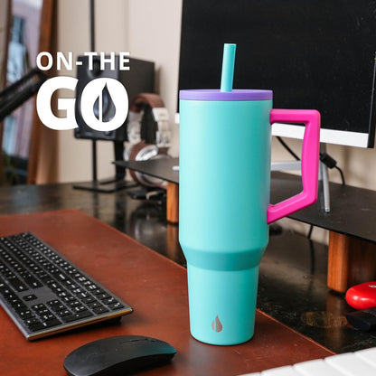 Elemental 40 oz Tumbler with Handle and Straw - Spill Proof Insulated Stainless Steel Commuter for Hot and Cold Beverages - Travel Coffee Mug with 2 Straws & Spill Proof Lid - 40oz - Blue Tie Dye