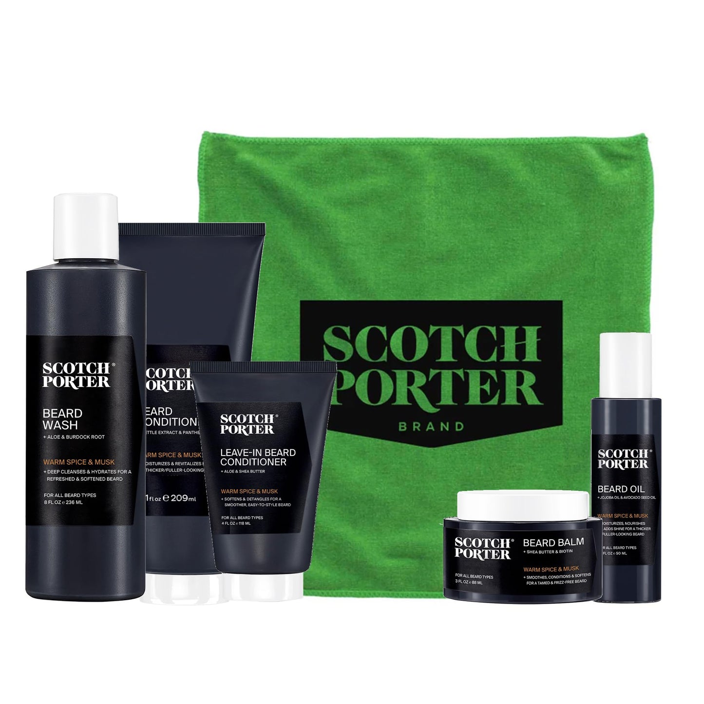 Scotch Porter Get Bearded Collection – Cleanse, Moisturize, Soothe & Style while Encouraging Growth for a Fuller/Healthier-Looking Beard – Includes Wash, 2 Conditioners, Oil, Balm & Towel