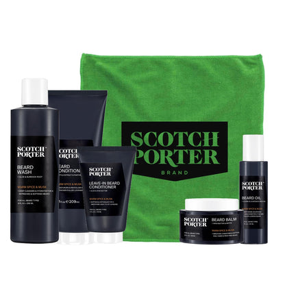 Scotch Porter Get Bearded Collection – Cleanse, Moisturize, Soothe & Style while Encouraging Growth for a Fuller/Healthier-Looking Beard – Includes Wash, 2 Conditioners, Oil, Balm & Towel