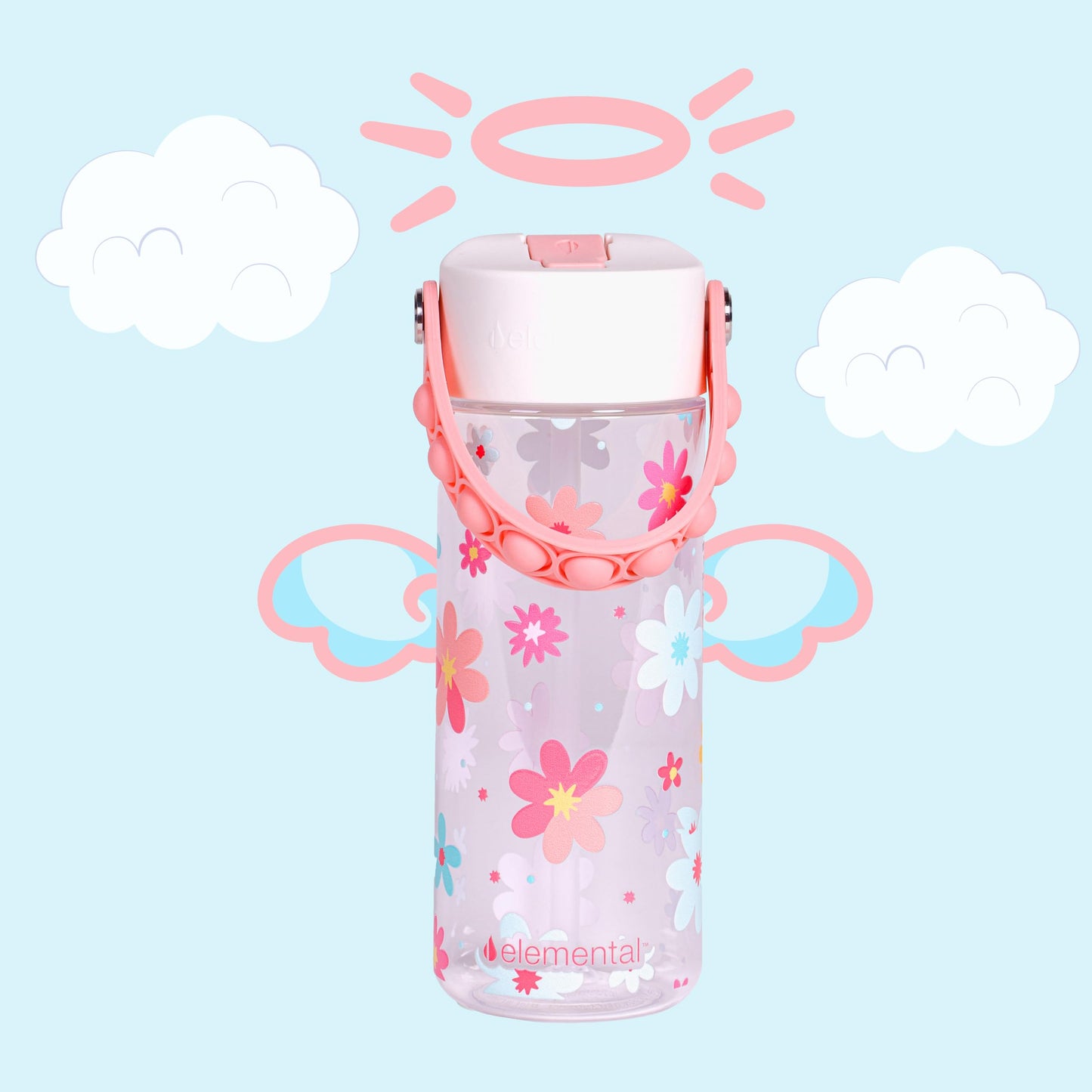 Elemental Leak Proof Water Bottles for Kids - Splash Kids Water Bottle for School with Pop-it Handle - BPA Free Tritan Plastic Reusable Water Bottle with Straw - Spring Blossom - 18oz