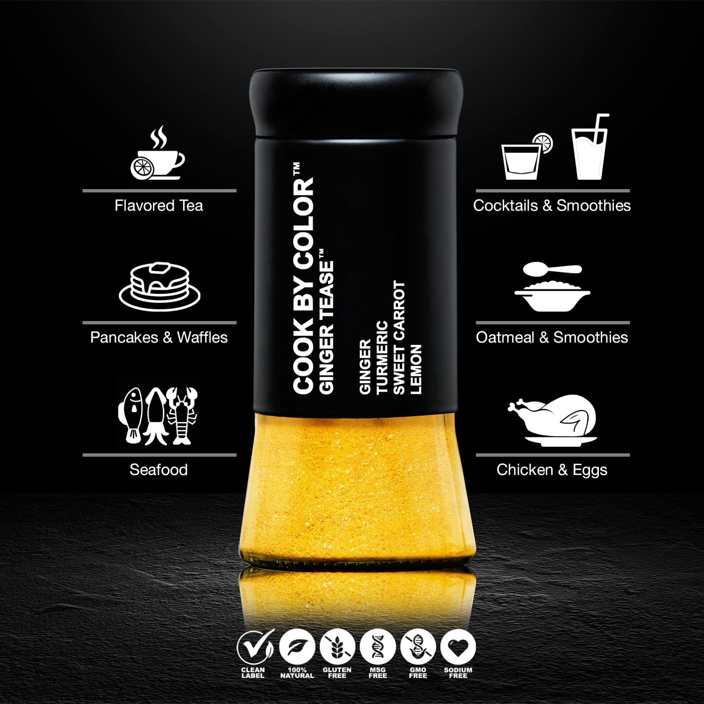 Cook by Color, Seasoning and Spices for Cooking, Beef, Chicken, Seafood and Egg, All Natural, Keto and Vegan Seasoning, No Sodium or Additives, Ginger, Tumeric, Lemon Flavor, 2oz Glass Bottle