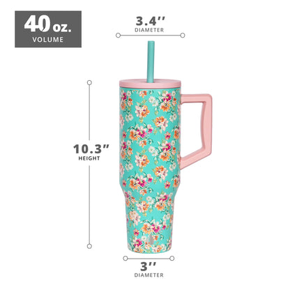 Elemental 40 oz Tumbler with Handle and Straw - Spill Proof Insulated Stainless Steel Commuter for Hot and Cold Beverages - Travel Coffee Mug with 2 Straws & Spill Proof Lid - 40oz - Vintage Flower